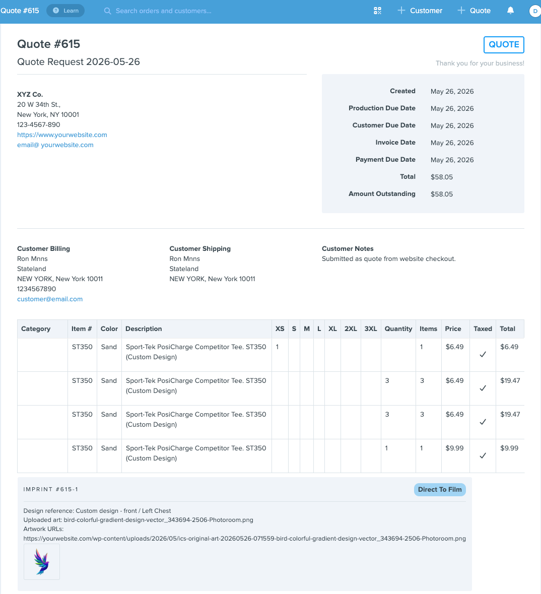 Quote workflow showing customer details, product line items, pricing, and imprint information