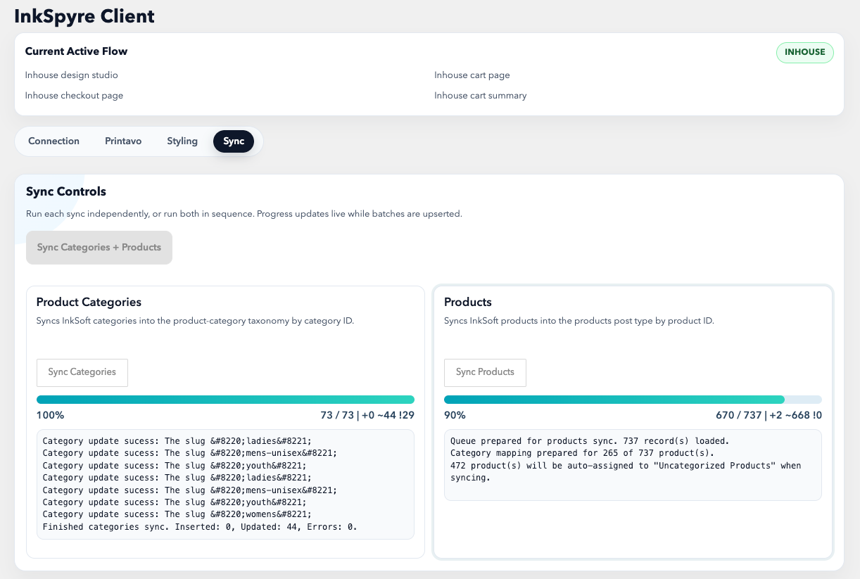 Admin controls for products and categories inside a managed merch site
