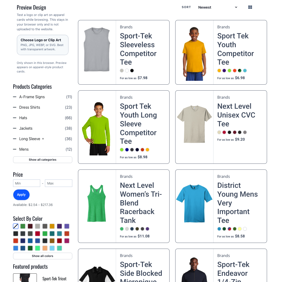 Merch site product grid with product discovery, filters, and quote-friendly browsing
