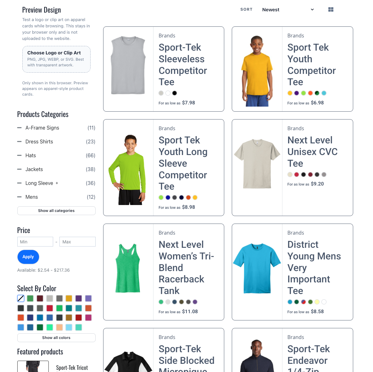 Merch site product grid with product discovery, filters, and quote-friendly browsing