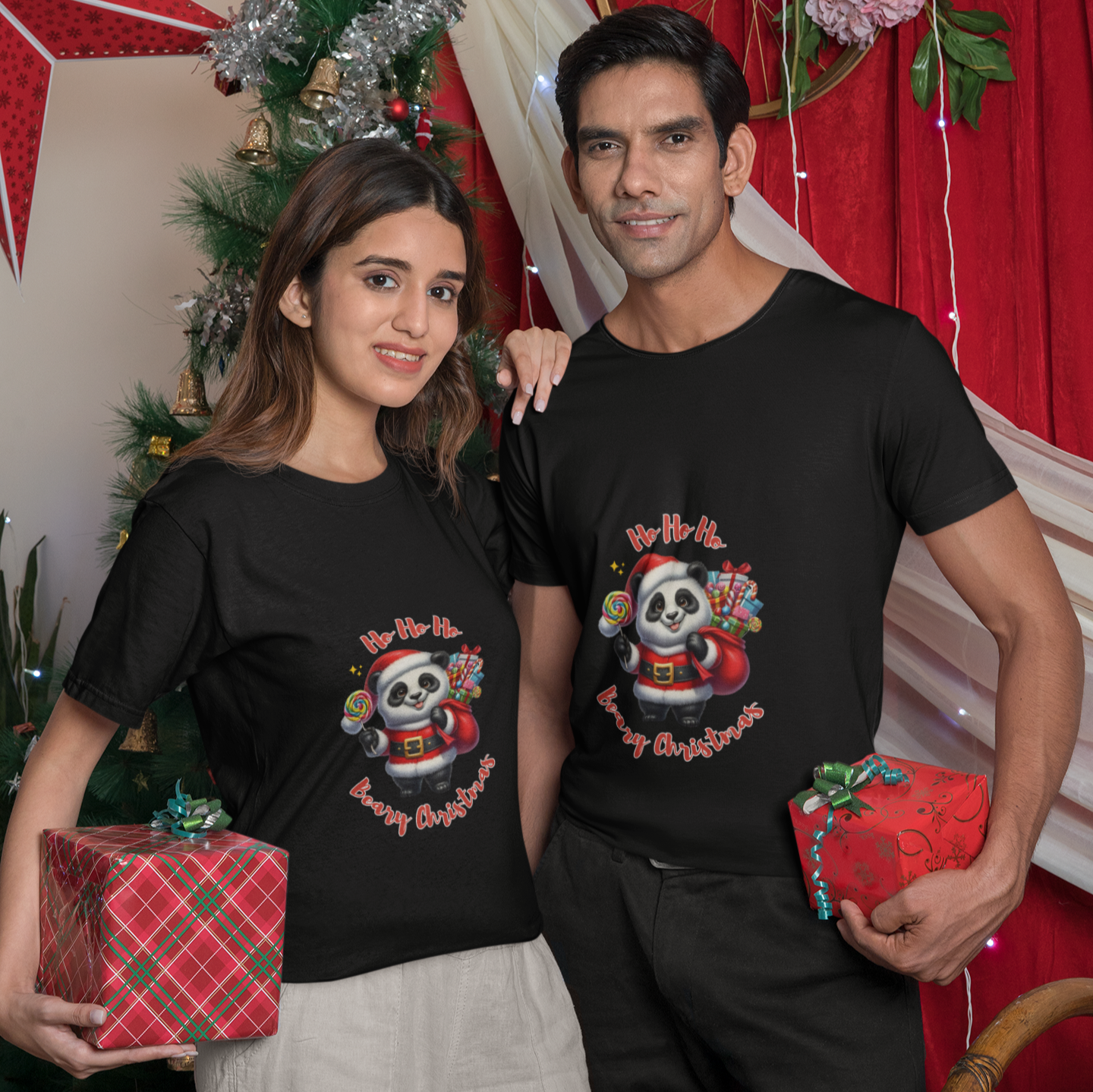 Christmas Panda Black T-Shirt for Men – Festive Style