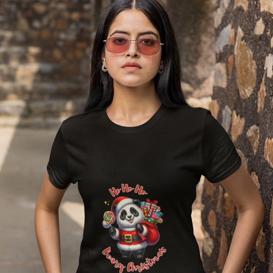 Christmas Panda Black T-Shirt for Women – Festive Style